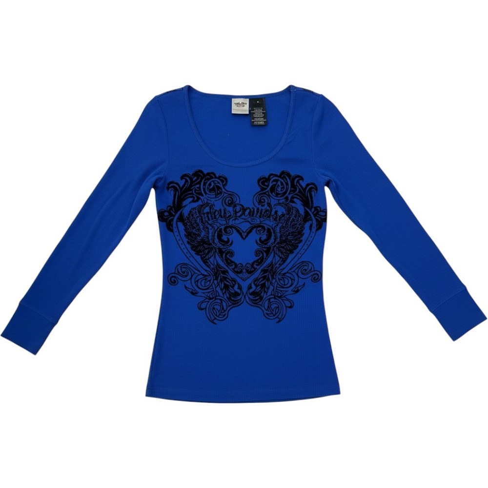 Harley Davidson Womens Medium Blue Flocked Heart Rhinestone Long Sleeve Top